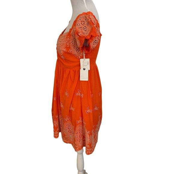 Coco Jaimeson Babydoll Eyelet Mini Dress Size XL Orange Coastal Off Shoulders - Picture 4 of 16